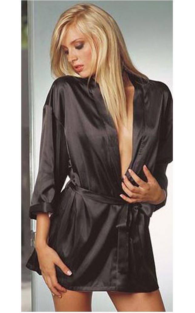 Sexy black satin night gown & robe  sleepwear